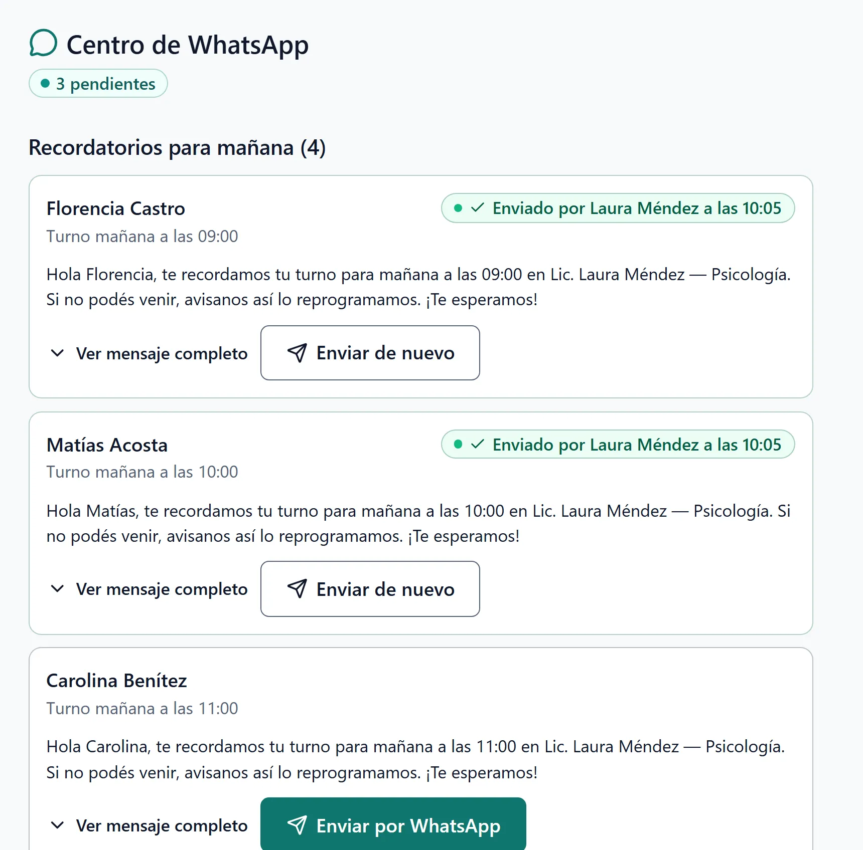 Captura de la app: el Centro de WhatsApp con los recordatorios para mañana, dos enviados y uno listo para enviar.